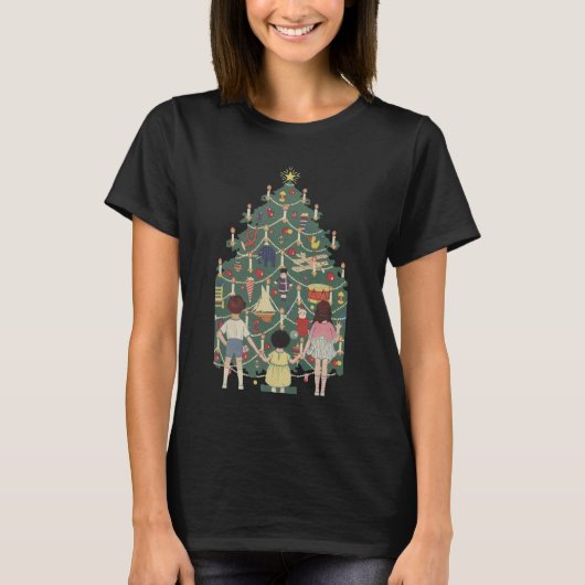 ビンテージクリスマス 飾られた木の周りの子供たち Tシャツ (正面)