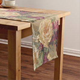 ビンテージクリームとバーガンディーローズの花模様 ショートテーブルランナー