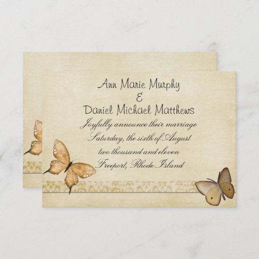 ビンテージクリームバタフライウェディングアナウンスメント 案内状 (正面/裏面)