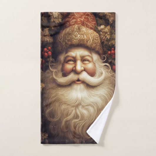 ビンテージサンタクロースのブロケード帽子 赤い実 バスタオルセット (ハンドタオル)