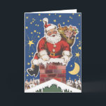 ビンテージサンタクロース、クリスマス前夜 シーズンカード<br><div class="desc">ヴィンテージイラスト クリスマスの古典的な子供の絵本『クリスマス前夜』のおとぎ話の表紙アート。このデザインは、クリスマスイブに、たくさんの玩具が入った袋を背負ったサンタクロースが、家の煙突を降りてくるところを描いている。夜空には、きらきらと黄色い星が輝いている。 クリスマス前夜、家の中では、
生き物は誰一人として動かず、ネズミさえも動かなかった。
煙突の近くに、聖ニコラスの来訪を期待して、ストッキングが丁寧に吊るされていた。</div>