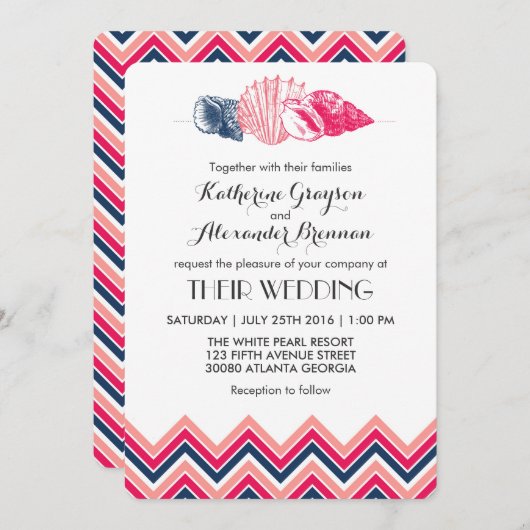 ビンテージシェブロン シーシェル ビーチ ウェディング インビテーション (正面/裏面)