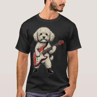 ビンテージスタイルのエレキギターを演奏するマルチーズ+プードルのマルチポーを描いたユーモラスなデザイ Tシャツ
