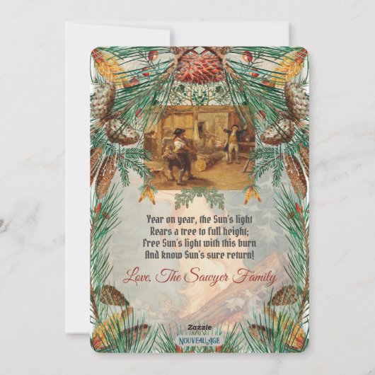 ビンテージスタイルの冬至ユールログカード シーズンカード (裏面)