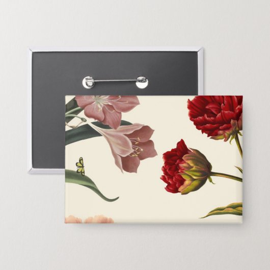 ビンテージスタイルの花の開花イラスト 缶バッジ (正面/裏面)