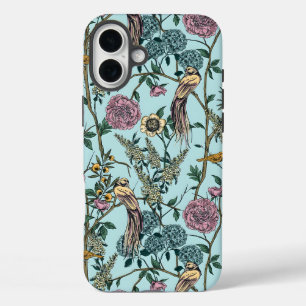 ビンテージスタイルの青い色の植物パターン iPhone 16 PLUSケース