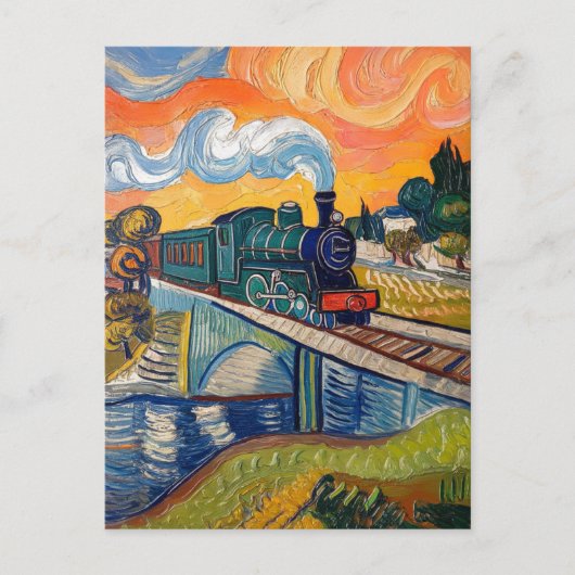 ビンテージスチームエンジンが橋を渡る絵画 ポストカード (正面)