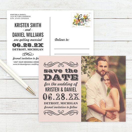 ビンテージタイプの写真付きブライダルSave the Date 案内ポストカード