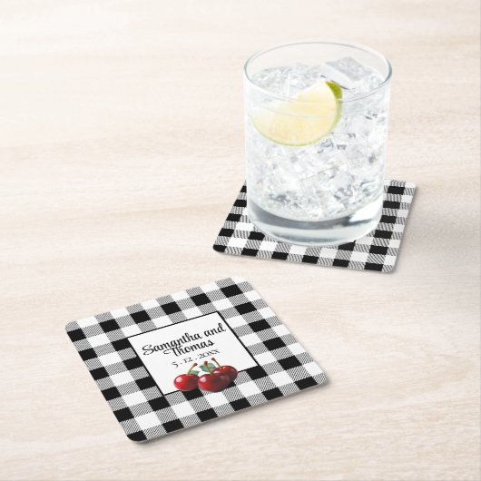 ビンテージチェリー ブラックホワイトギンガム スクエアペーパーコースター (インサイチュ)