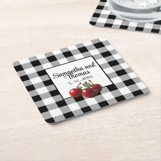 ビンテージチェリー ブラックホワイトギンガム スクエアペーパーコースター (アングル)