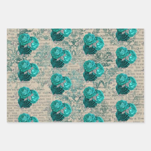 ビンテージティールシルバー フラワーダマスクパターン ラッピングペーパーシート (正面3)