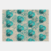 ビンテージティールシルバー フラワーダマスクパターン ラッピングペーパーシート (正面2)