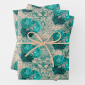 ビンテージティールシルバー フラワーダマスクパターン ラッピングペーパーシート (インサイチュ)