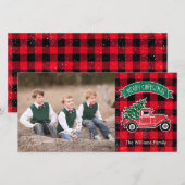 ビンテージトラックのクリスマスツリー 赤いバッファロープレイド シーズンカード (正面/裏面)