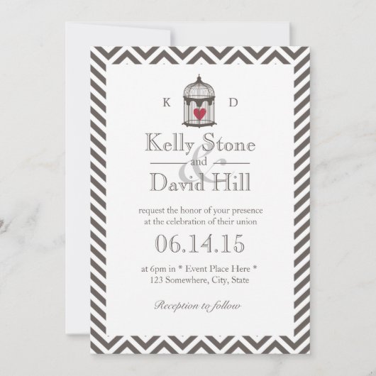 ビンテージハートの鳥かごシェブロンストライプスウェディング 招待状 (正面)