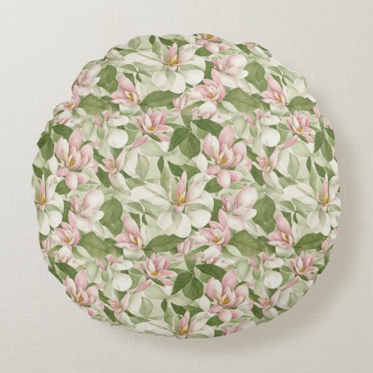 ビンテージピンクとホワイトのマグノリア ラウンドピロー (正面)