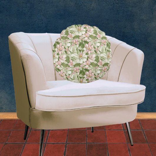 ビンテージピンクとホワイトのマグノリア ラウンドピロー