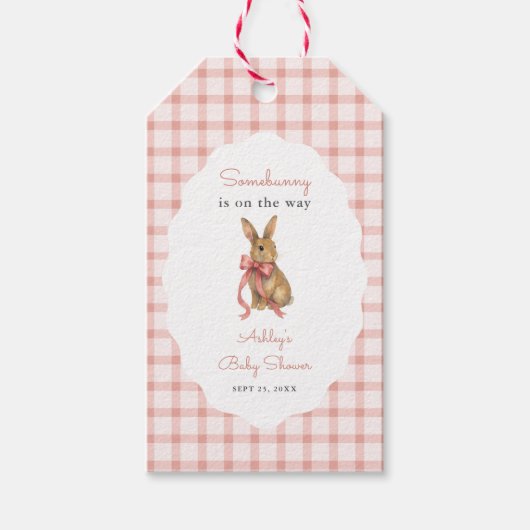 ビンテージピンクのギンガムうさぎガール ベビーシャワー ギフトタグ (正面)