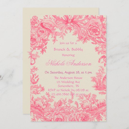 ビンテージピンクの花のブロッサム＆バブル 招待状 (正面/裏面)