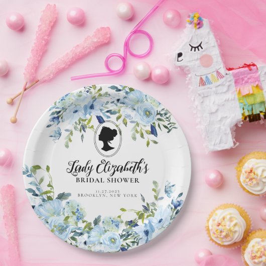 ビンテージブルーの花モチーフのレージェンシー時代のプリンセスシャワー ペーパープレート (パーティー)