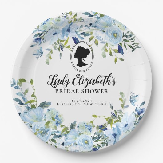 ビンテージブルーの花モチーフのレージェンシー時代のプリンセスシャワー ペーパープレート (正面)
