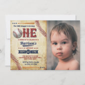 ビンテージベースボールボーイズ1歳の誕生日写真 招待状 (正面)