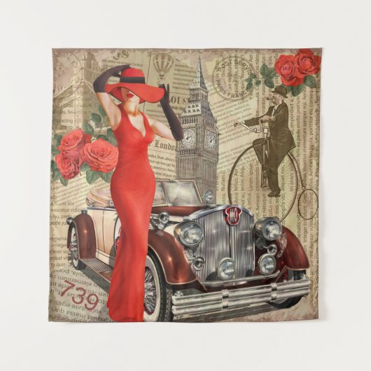 ビンテージポスターロンドンの新聞の背景が破れた。 タペストリー (正面)