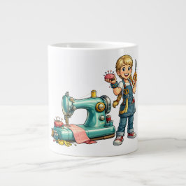 ビンテージミシンと可愛いソーイングガールのキャラクター ジャンボコーヒーマグカップ