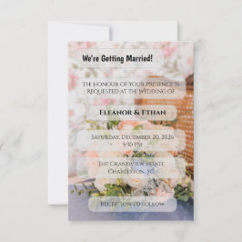 ビンテージラタン椅子 ピンクとブルーの花束 招待状