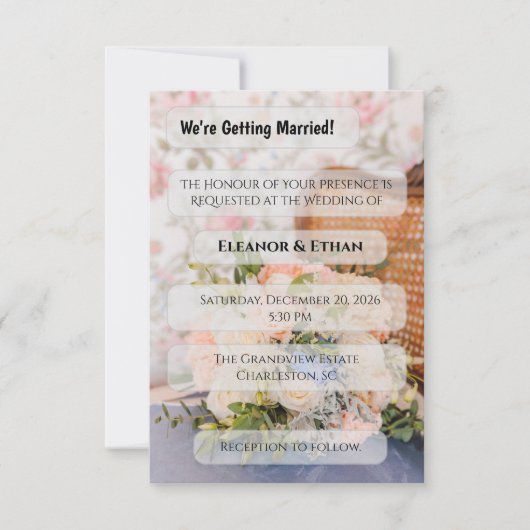 ビンテージラタン椅子 ピンクとブルーの花束 招待状 (正面)