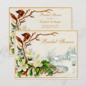 ビンテージ冬の雪の教会&ユリのブライズシャワー 招待状 (正面/裏面)