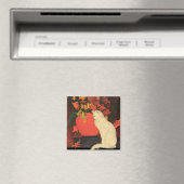 ビンテージ動物、エレガントな白猫、秋の花 マグネット (インサイチュ (食洗機))