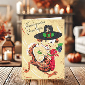 ビンテージ子犬が七面鳥に乗って感謝祭を楽しむ シーズンカード