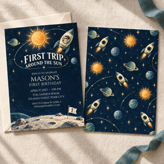 ビンテージ宇宙の船長 1歳の誕生日 招待状