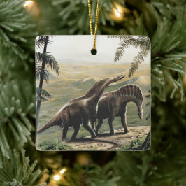 ビンテージ恐竜、アマルガサウルスとヤシの木 セラミックオーナメント
