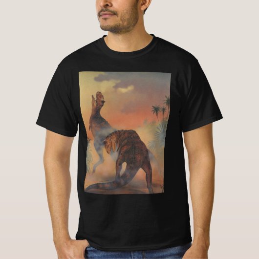 ビンテージ恐竜、カルノタウルスがジャングルで吠える Tシャツ (正面)