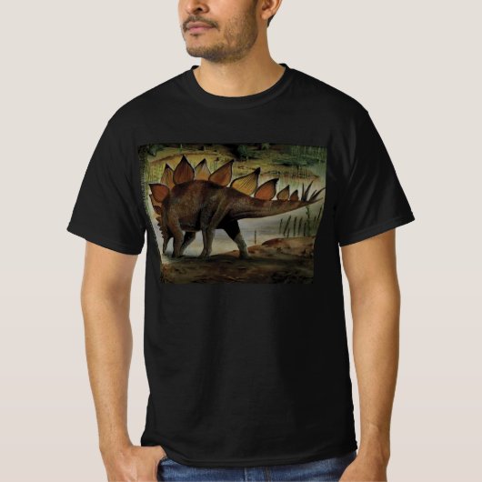ビンテージ恐竜、ステゴサウルス、スパイクのある尾 Tシャツ (正面)