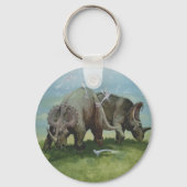 ビンテージ恐竜、セントロサウルスが草原で草を食む キーホルダー (正面)