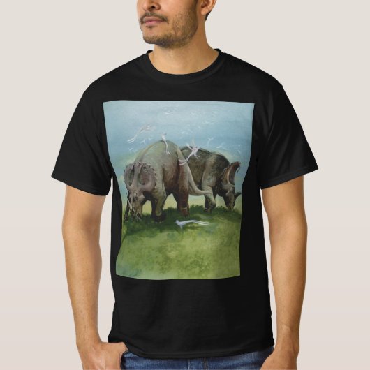 ビンテージ恐竜、セントロサウルスが草原で草を食む Tシャツ (正面)