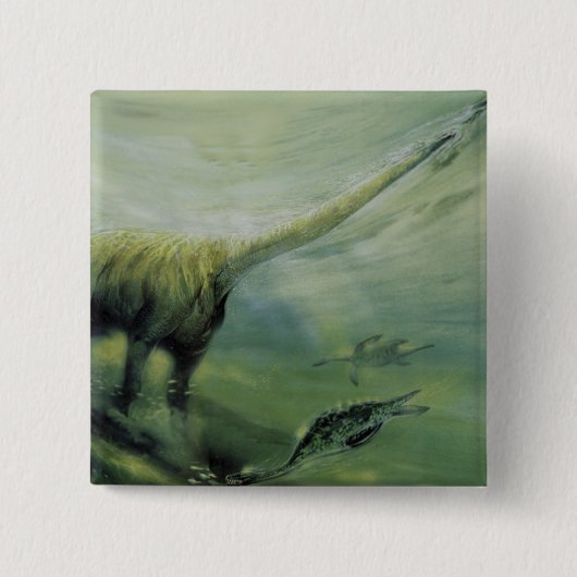 ビンテージ恐竜、ブラキオサウルスが海で泳ぐ 缶バッジ (正面)