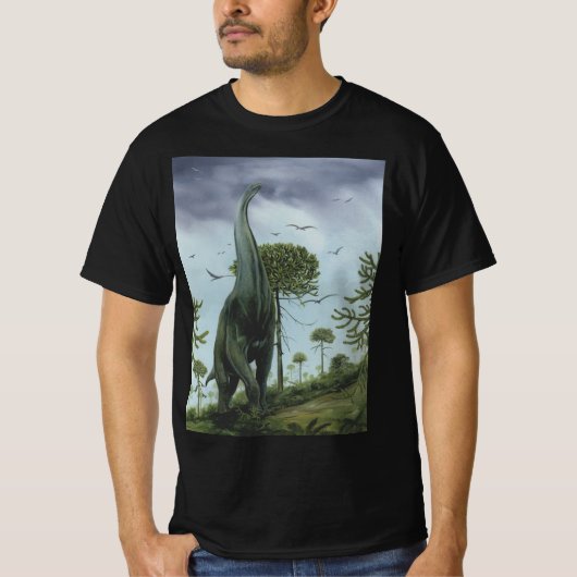 ビンテージ恐竜、鳥が飛ぶサウロポジドン Tシャツ (正面)