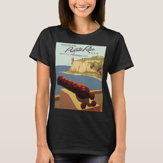 ビンテージ旅行ポスターアート、プエルトリコを発見! Tシャツ (正面)