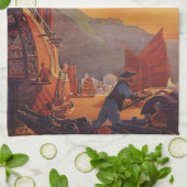 ビンテージ旅行、香港のジャンクス飛行機 キッチンタオル (折り畳み)