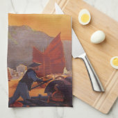 ビンテージ旅行、香港のジャンクス飛行機 キッチンタオル (四つ折り)