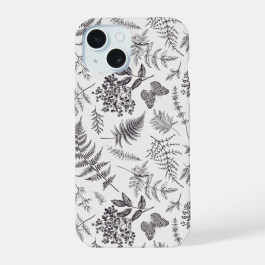 ビンテージ植物学と蝶の柄 iPhone 15ケース (裏面)