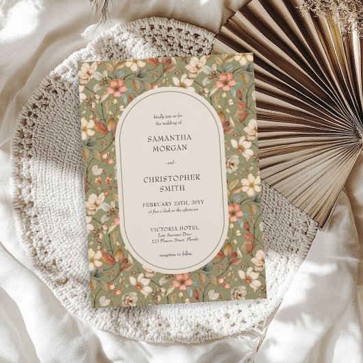 ビンテージ水彩画のセージ・テラコッタ・ワイルドフラワーズ 招待状