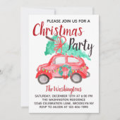 ビンテージ水彩赤い車のトラッククリスマスパーティー 招待状 (正面)