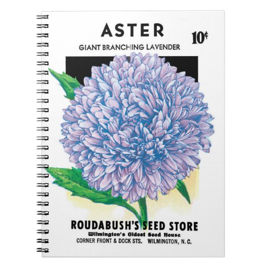 ビンテージ種袋アート、紫色のシオンの花 ノートブック (正面)