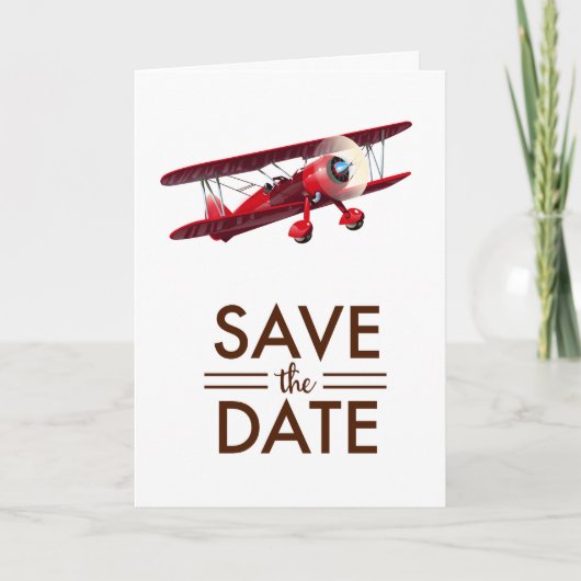 ビンテージ複葉機のSave the Date ノートカード (正面)