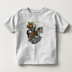 ビンテージ西部カウボーイの少年が馬に乗ってロープを持って トドラーTシャツ